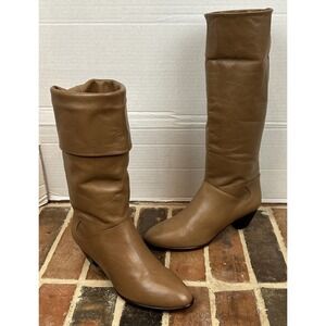 Vintage 80s Light Brown Leather Boots fold Over Cuff Slouch Mid Calf Women's 9AA
